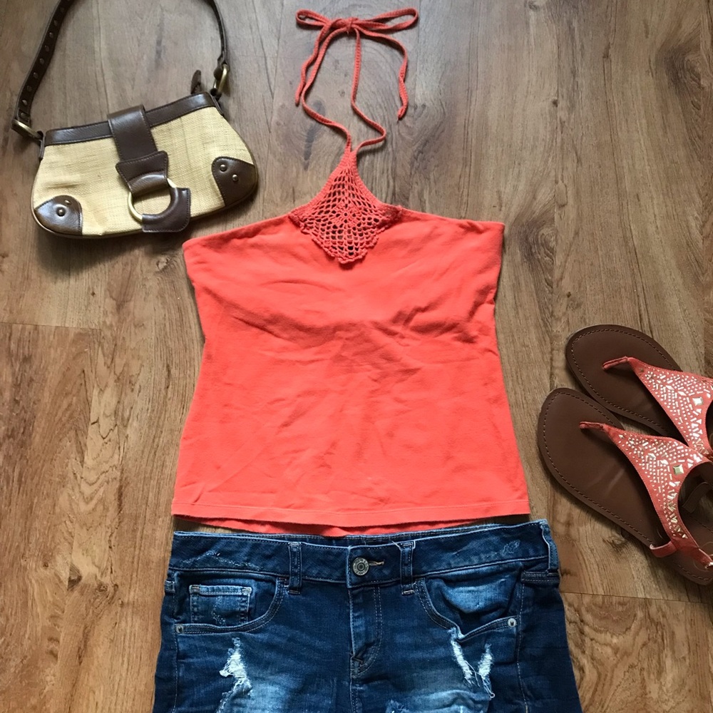 Moda International Orange Tube Top with Crochet Insert & Straps Bralette Liner M